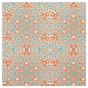 Orange Turquoise Teal Taupe Kaleidoscope Pattern Fabric