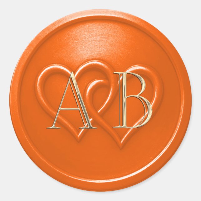 Orange Two Hearts Intertwined Monogram Wedding Classic Round Sticker (Front)