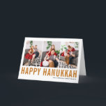 Orange Typography Happy Hanukkah Photo Collage Holiday Card<br><div class="desc">Happy Hanukkah! Customisable Happy Hanukkah photo collage card featuring orange simple typography and snow pattern. Personalise by adding three photos,  names,  year and other details. This modern Hanukkah card is available in other colours and cardstock.</div>