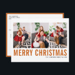 Orange Typography Merry Christmas Photo Collage Holiday Postcard<br><div class="desc">Merry Christmas! Customisable Christmas photo collage postcard featuring orange and black simple typography. Personalise by adding three photos,  names,  year and other details. This modern Christmas postcard is available in other colours and cardstock.</div>