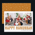 Orange Typography Photo Collage Happy Hanukkah Holiday Card<br><div class="desc">Happy Hanukkah! Customisable Happy Hanukkah photo collage flat card featuring orange simple typography and snow pattern. Personalise by adding three photos,  names,  year and other details. This modern Hanukkah flat card is available in other colours and cardstock.</div>