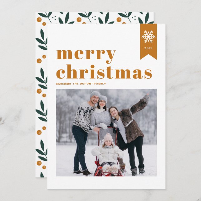 Orange Typography Snowflakes Merry Christmas Photo Holiday Card (Front/Back)