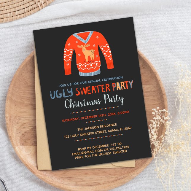 Orange Ugly Sweater Christmas Holiday Party Invitation (Orange Sweater Christmas Invitations)
