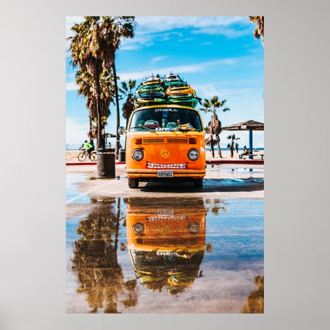 Orange van with surfboard on top poster (Front)