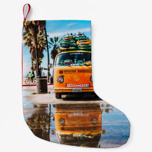 Orange van with surfboard on top small christmas stocking