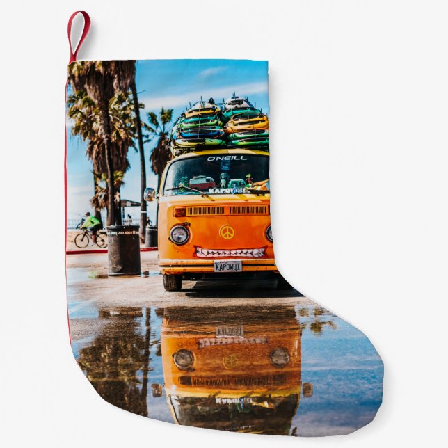 Orange van with surfboard on top small christmas stocking (Front)