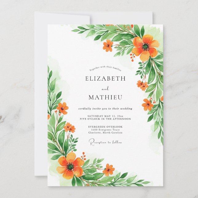 Orange Verdant Botanical Wedding Invitation (Front)