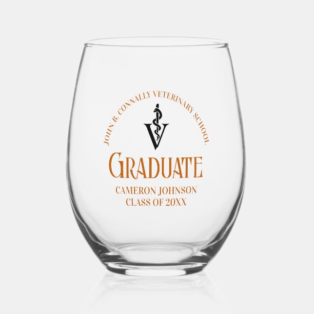 Orange Veterinary School Graduation Custom Stemless Wine Glass (Front)