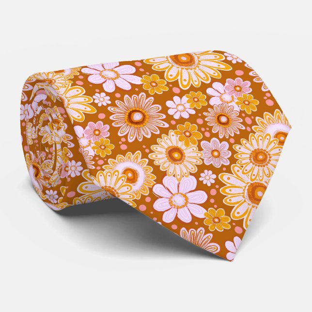 Orange Vintage Flower Vibes Neck Tie (Rolled)