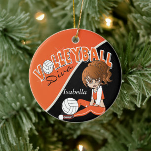 Orange Volleyball 🏐 Player Diva Girl Ceramic Tree Decoration