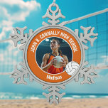 Orange Volleyball Player Photo High School Snowflake Pewter Christmas Ornament<br><div class="desc">This cool customized high school volleyball player photo gift features white typography of your team and player name on a snowflake Christmas ornament with a ball on an orange background. Personalize with your student's photograph and class year as a proud sports parent for a commemorative keepsake present.</div>