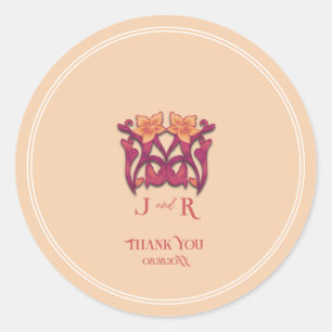 Orange Watercolor Art Nouveau Wedding Classic Round Sticker