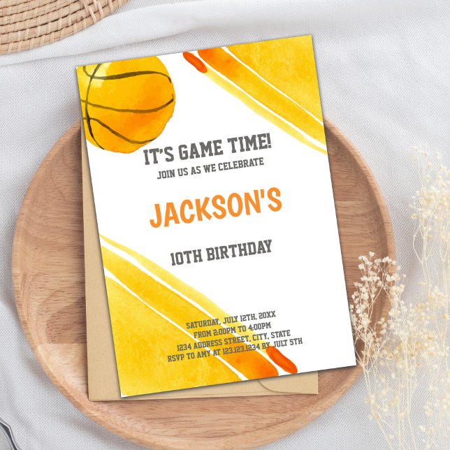 Orange Watercolor Basketball Birthday Invitation (Orange Ball Watercolor Basketball Invitations)