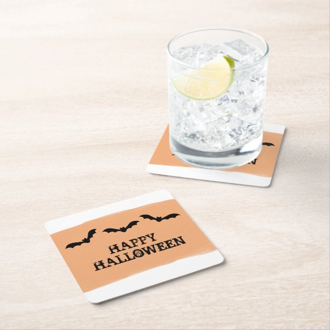 Orange Watercolor Bats Halloween Paper Coasters (Insitu)