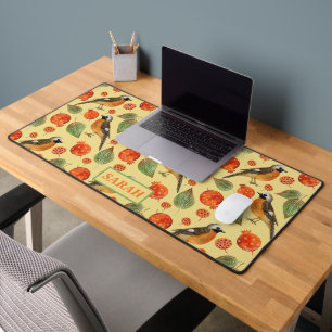 Orange Watercolor Birds and pomegranate Pattern  Desk Mat