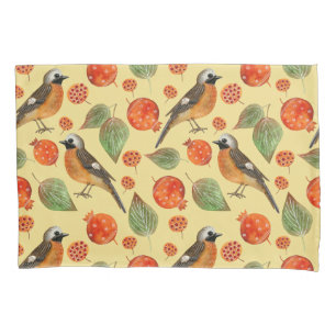 Orange Watercolor Birds and pomegranate Pattern  Pillowcase