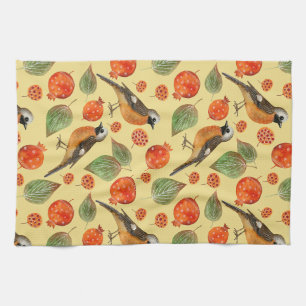 Orange Watercolor Birds and pomegranate Pattern Tea Towel