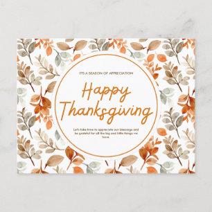 Orange Watercolor Botanical Happy Thanksgiving Holiday Postcard