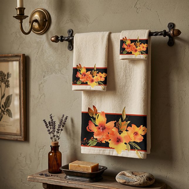 Orange watercolor fall floral   bath towel set (Creator Uploaded)