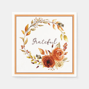 Orange watercolor fall floral wreath with text  na napkin