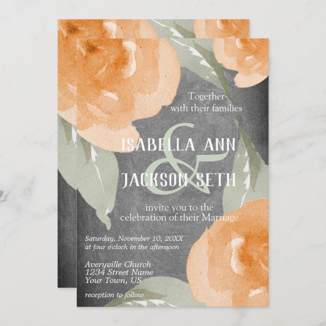 Orange Watercolor Floral and Chalkboard Invitation (Front/Back)