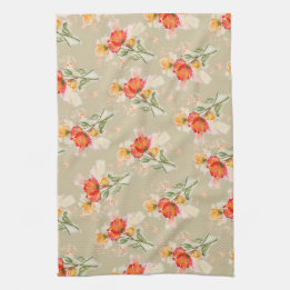 Orange Watercolor Florals Tea Towel