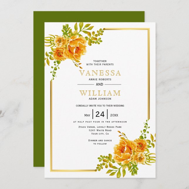 Orange watercolor flowers and gold frame wedding invitation (Front/Back)