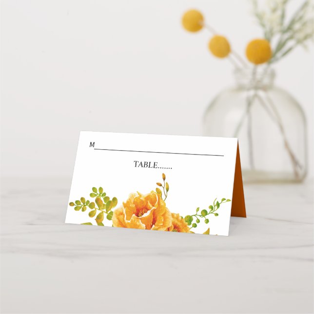 Orange watercolor flowers and leaves wedding place card (Front)