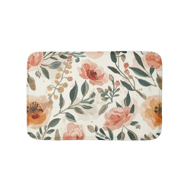 Orange Watercolor Flowers Botanical Painting Bath Mat (Front)