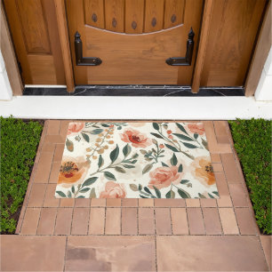 Orange Watercolor Flowers Botanical Painting Doormat