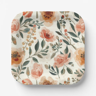 Orange Watercolor Flowers Botanical Painting Paper Plate