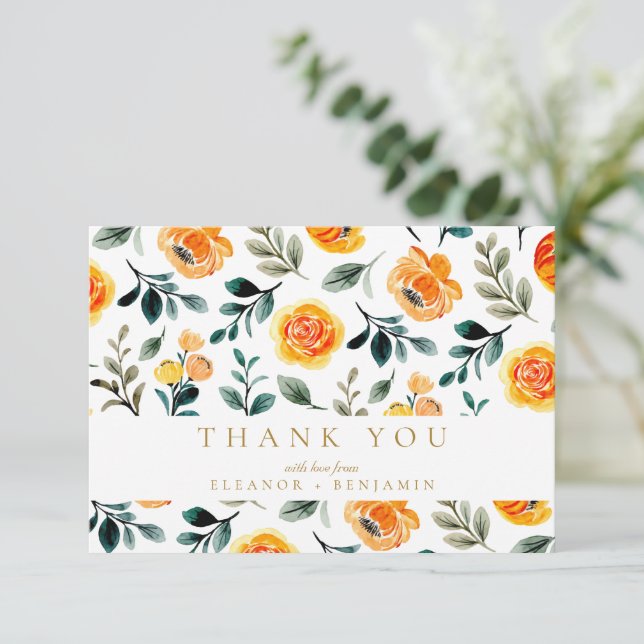 Orange Watercolor Flowers Custom Wedding  Thank You Card (Standing Front)