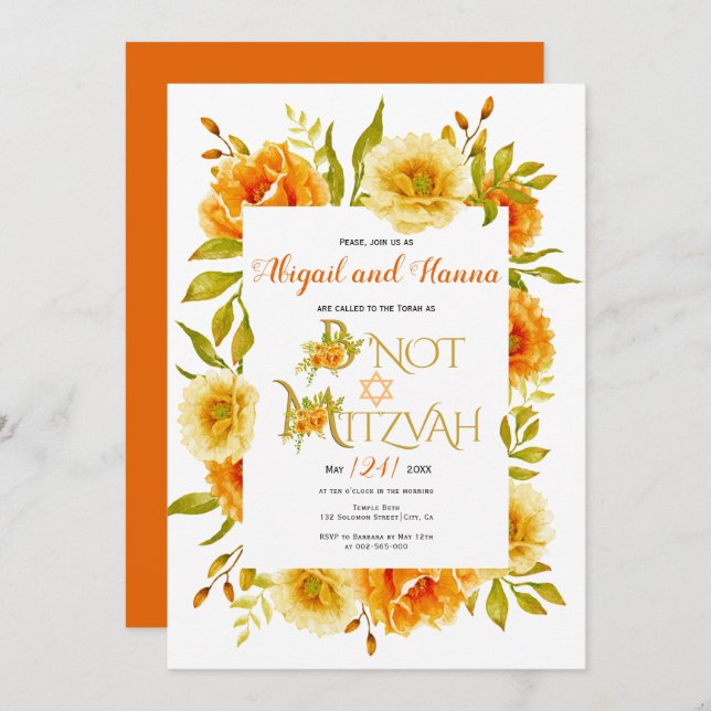 Orange watercolor flowers floral B'Not Mitzvah Invitation (Front/Back)