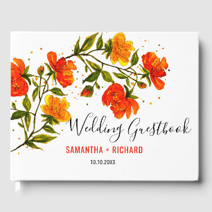 Orange Watercolor Flowers Garden Wedding Guest Book