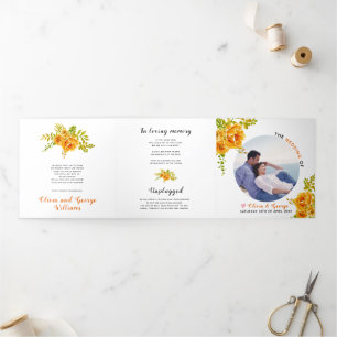 Orange watercolor flowers green leaves,  photo Tri-Fold programme