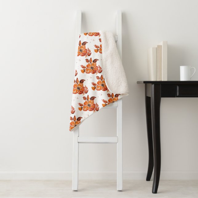 Orange Watercolor Flowers I Sherpa Blanket (In Situ)