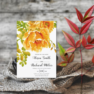 Orange watercolor flowers typography wedding invitation