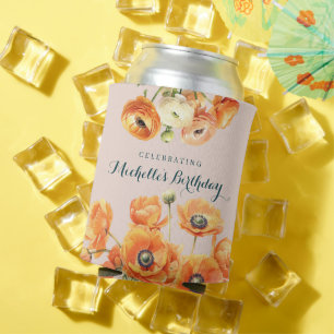 Orange Watercolor Garden Floral Pink Birthday Can Cooler