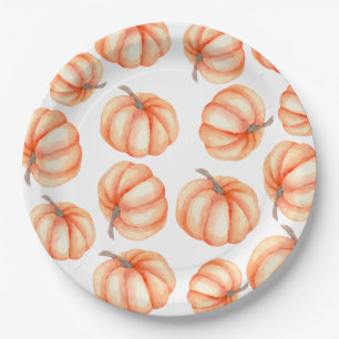 Orange Watercolor Pattern Pumpkin Halloween Fall Paper Plate