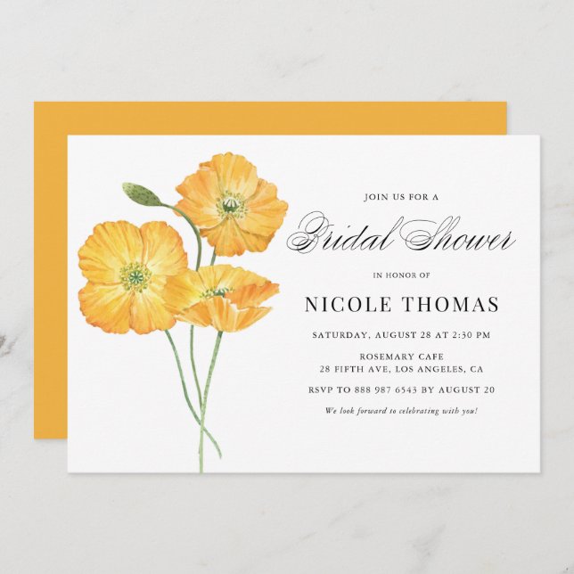 Orange Watercolor Poppies Botanical Bridal Shower Invitation (Front/Back)