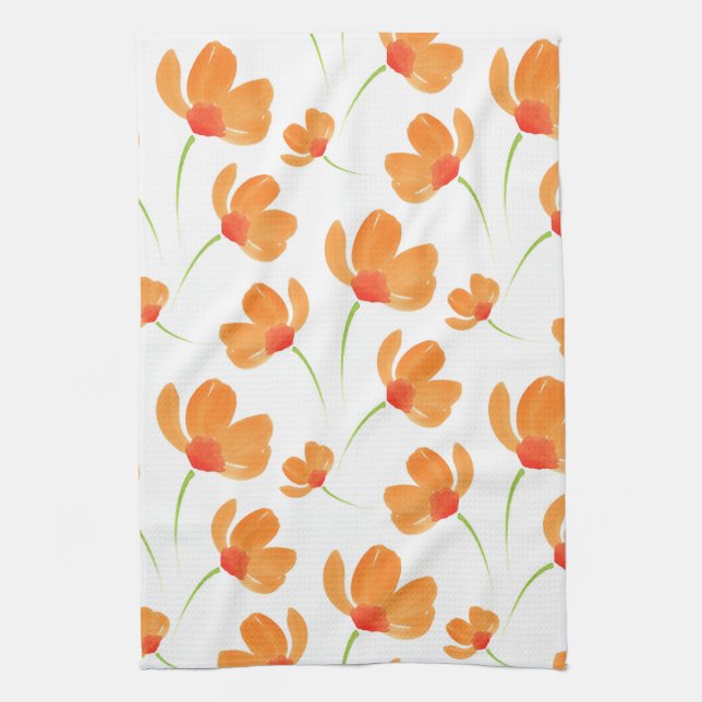 Orange Watercolor Poppies Pattern Tea Towel (Vertical)