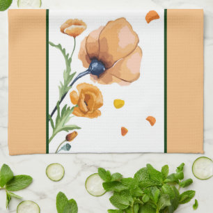 Orange watercolor poppy  tea towel