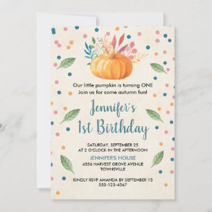 Orange Watercolor Pumpkin Birthday Invitation