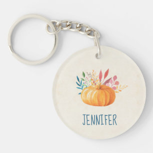 Orange Watercolor Pumpkin Fall Season Key Ring
