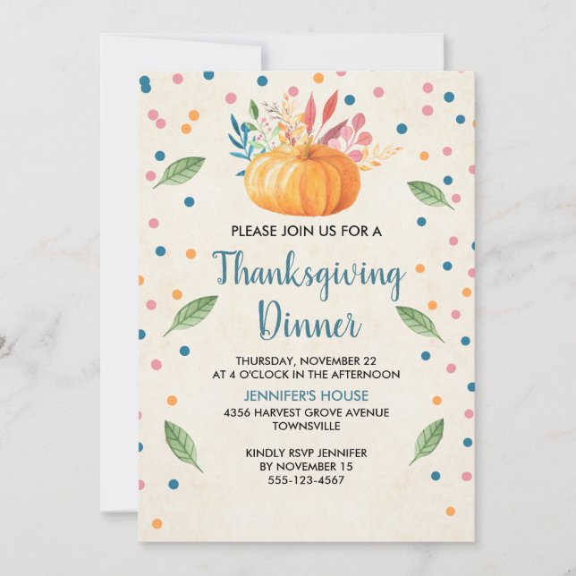 Orange Watercolor Pumpkin Thanksgiving Dinner Invitation (Front)