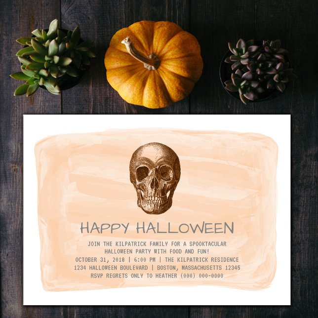 Orange Watercolor Skull Halloween Party Invite (Orange Watercolor Skull Halloween Party Invite)