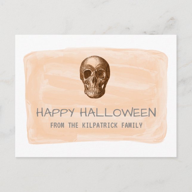 Orange Watercolor Skull Halloween Postcard (Front)