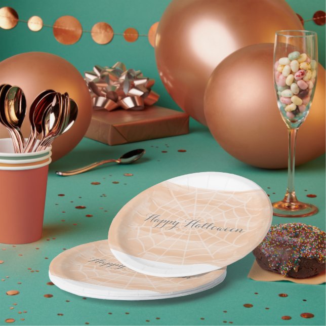 Orange Watercolor Spider Web Halloween Paper Plate (Multi)