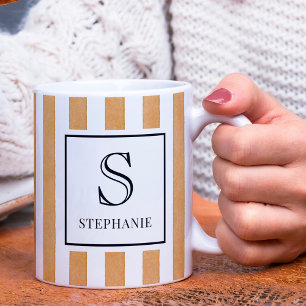 Orange Watercolor Stripes Pattern Monogram & Name Coffee Mug