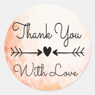 Orange Watercolor Thank You Black Heart Love Classic Round Sticker